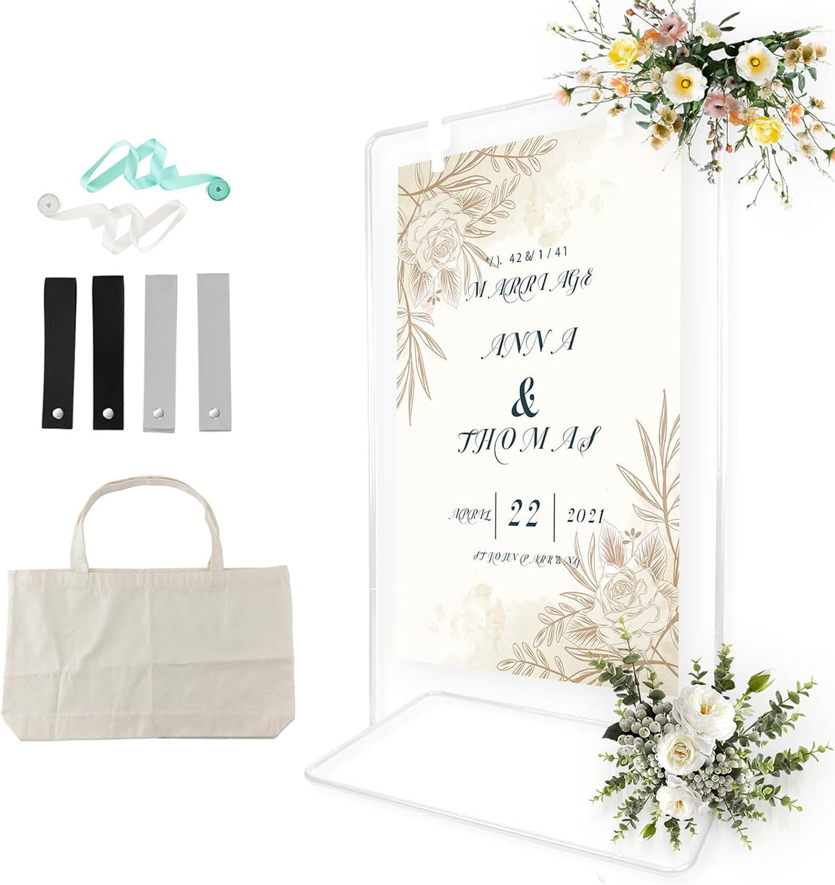 Wedding Sign Holder, Adjustable Welcome Sign Stand w/ Leather Hanging Strap, Satin Ribbon &