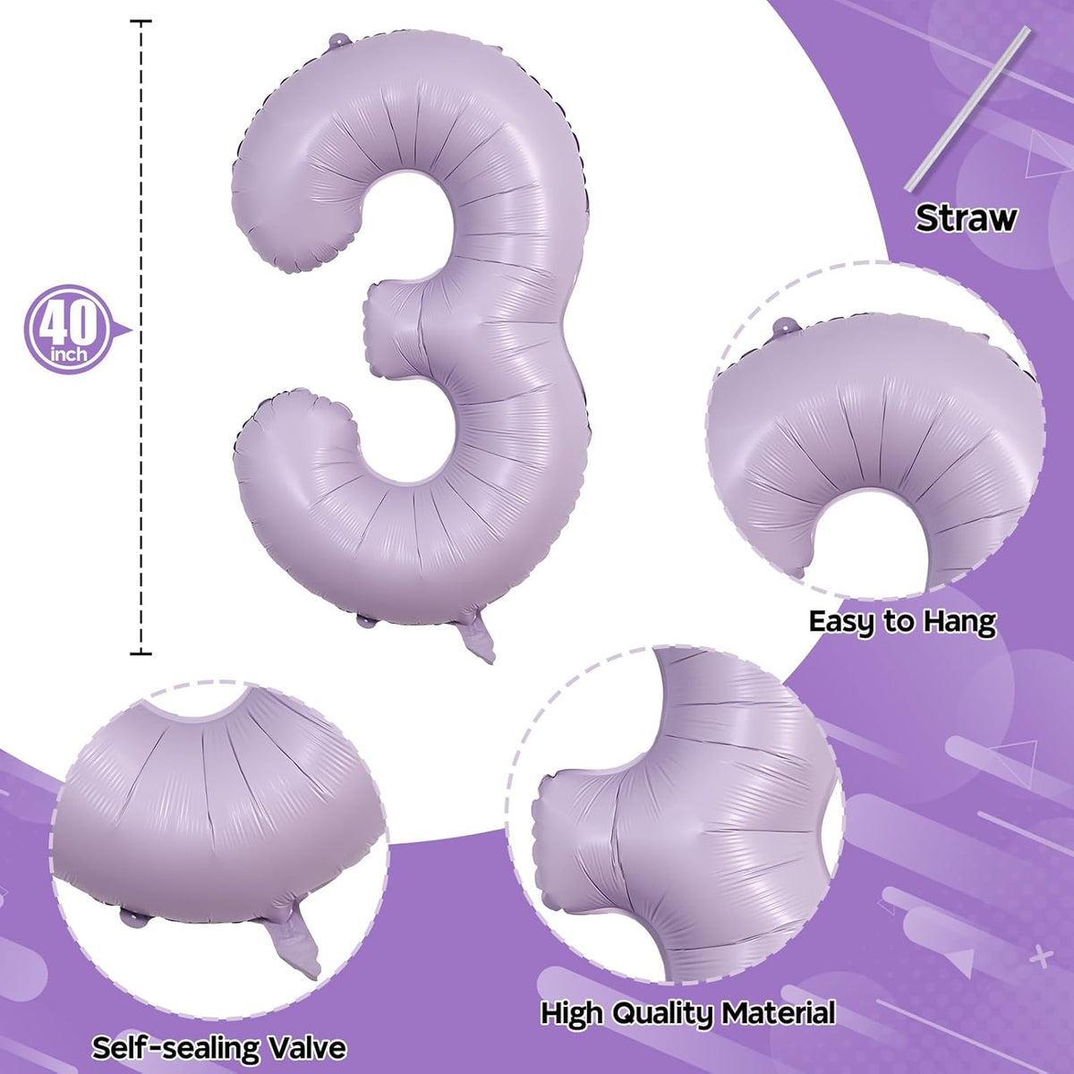 Large Dusty Pastel Purple 3 Balloons, 40 Inch Giant Light Purple Helium Mylar Foil Globos Numero