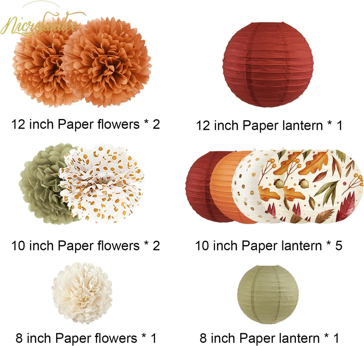 NICROLANDEE Fall Wedding Decorations, 12 PCS Orange Maple Leaf Paper Lanterns Tissue Pom Poms for