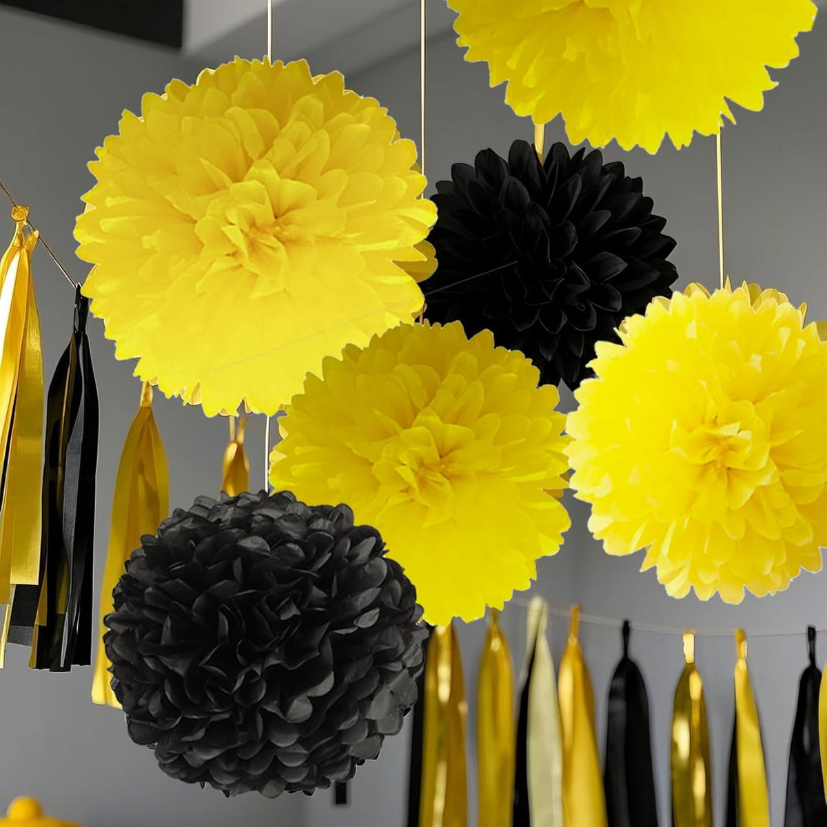 Capesaro Black and Yellow Tissue Paper Pom Poms, 15PCS Tissue Paper Flowers for Birthday Party
