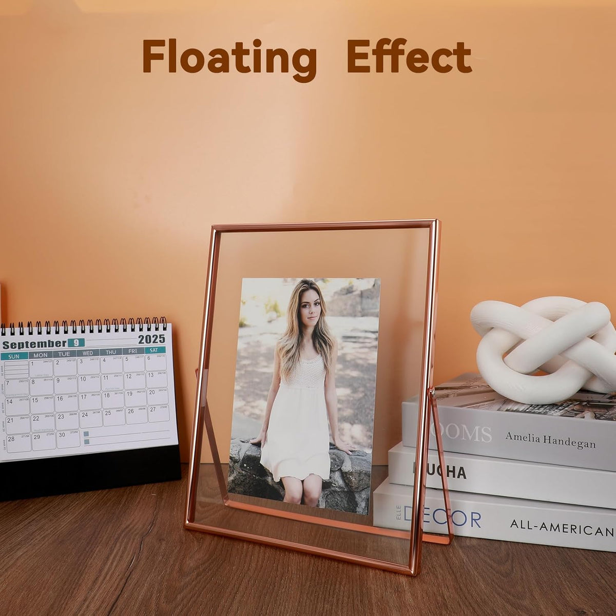 Rose Gold Floating Frame, 8"x10", Vertical, For Picture 7x9, 6x8, 5x7, Tabletop Shelf Photo Frame