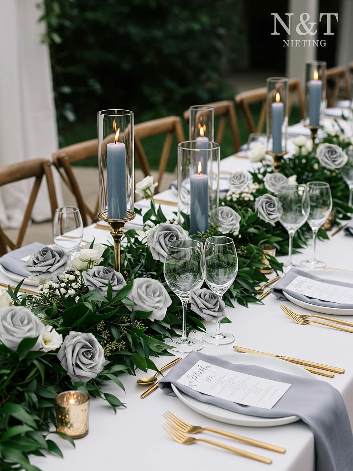 N&T NIETING Roses Artificial Flowers, 50Pcs Fake Flowers Foam Roses with Stems for DIY Wedding