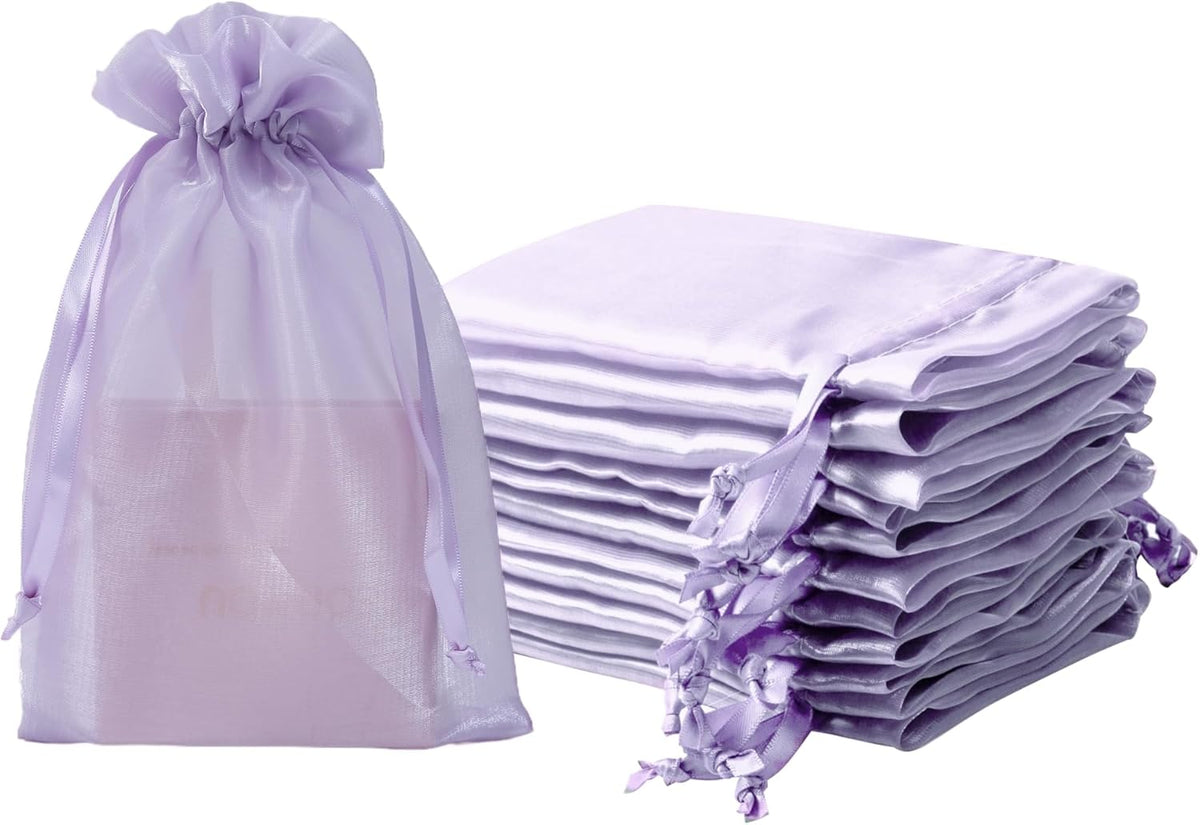 20 Pcs Lilac Purple Organza Bags 6X9 inch for Wedding Favors with Drawstring, Large Mesh Gift Bags