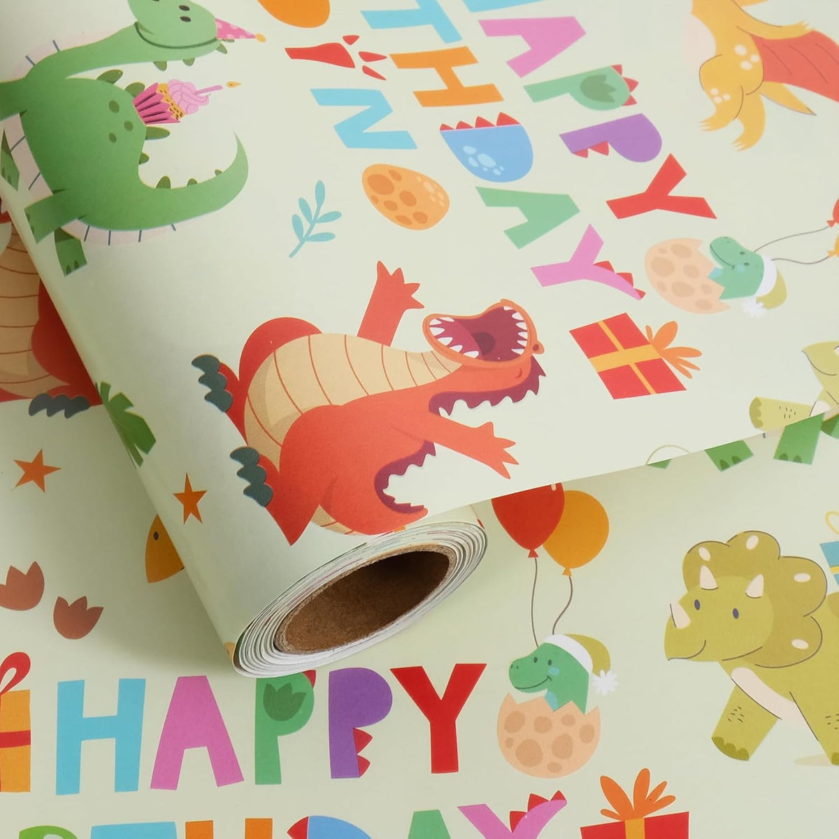 Aimyoo Dinosaur Birthday Wrapping Paper Roll - 17 Inch X 32.8 Feet - Green Happy Birthday Dino