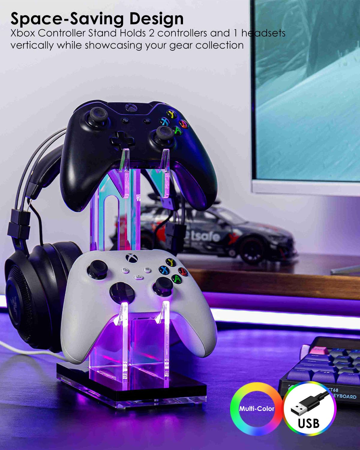 OAPRIRE Headset and Controller Stand with Lights, 2 Tier Acrylic Game Controller Holder, Controller