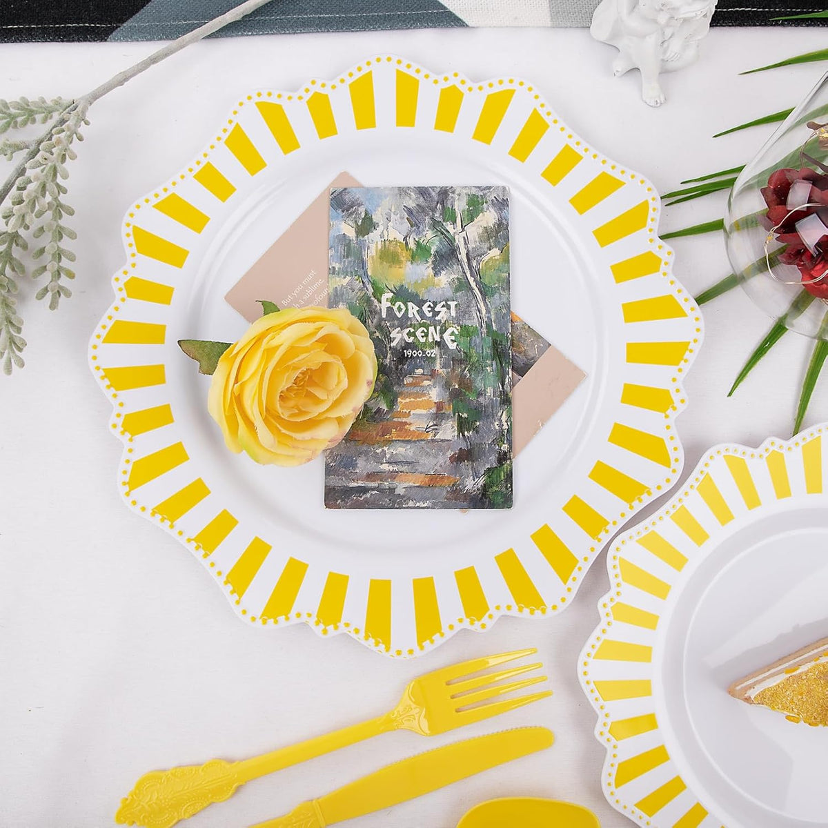 COLOSUS 150pcs Disposable White Lemon Yellow Striped Plastic Party Plates and Silverware set