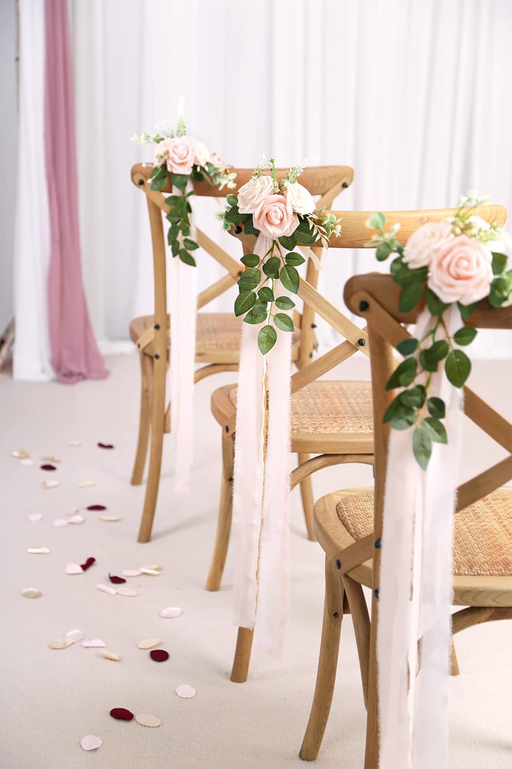 Wedding Aisle Decorations - Set of 10 Pew Flowers - Artificial Roses & Eucalyptus - Pink & Cream