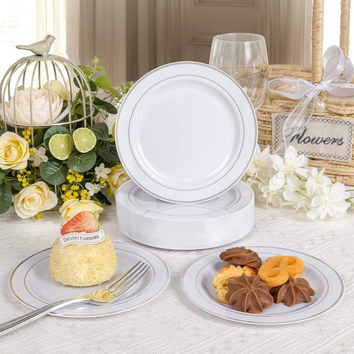 bUCLA 200PCS Silver Plastic Plates - 6.25inch White with Silver Trim Disposable