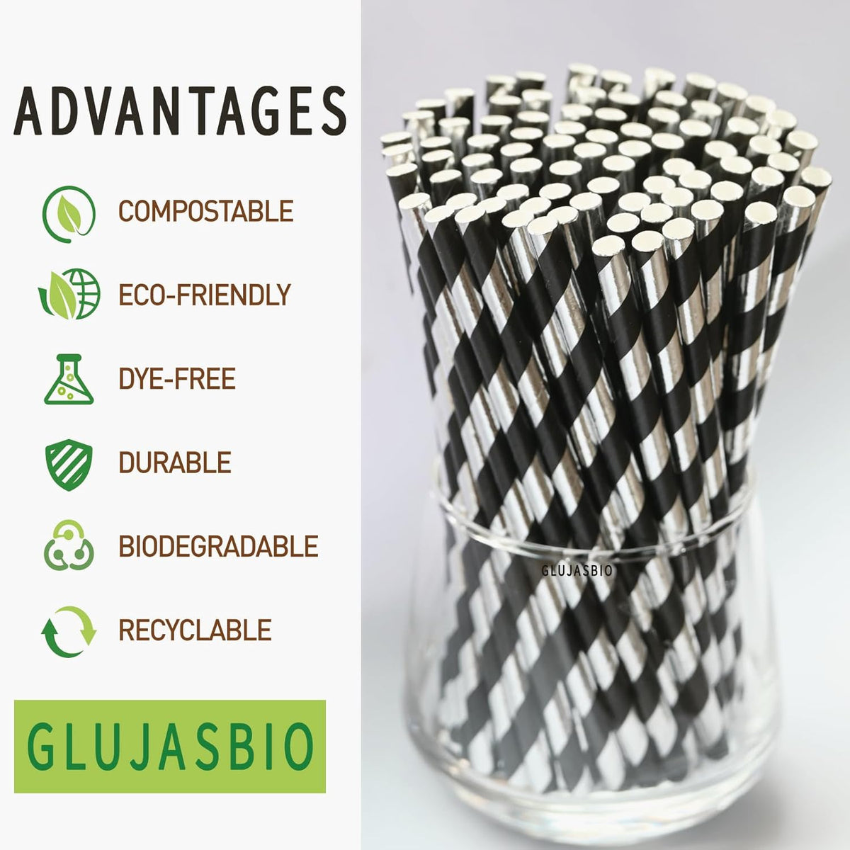 Cocktail Paper Straws - Black Silver Striped Biodegradable Disposable Drinking Straws for Brithday