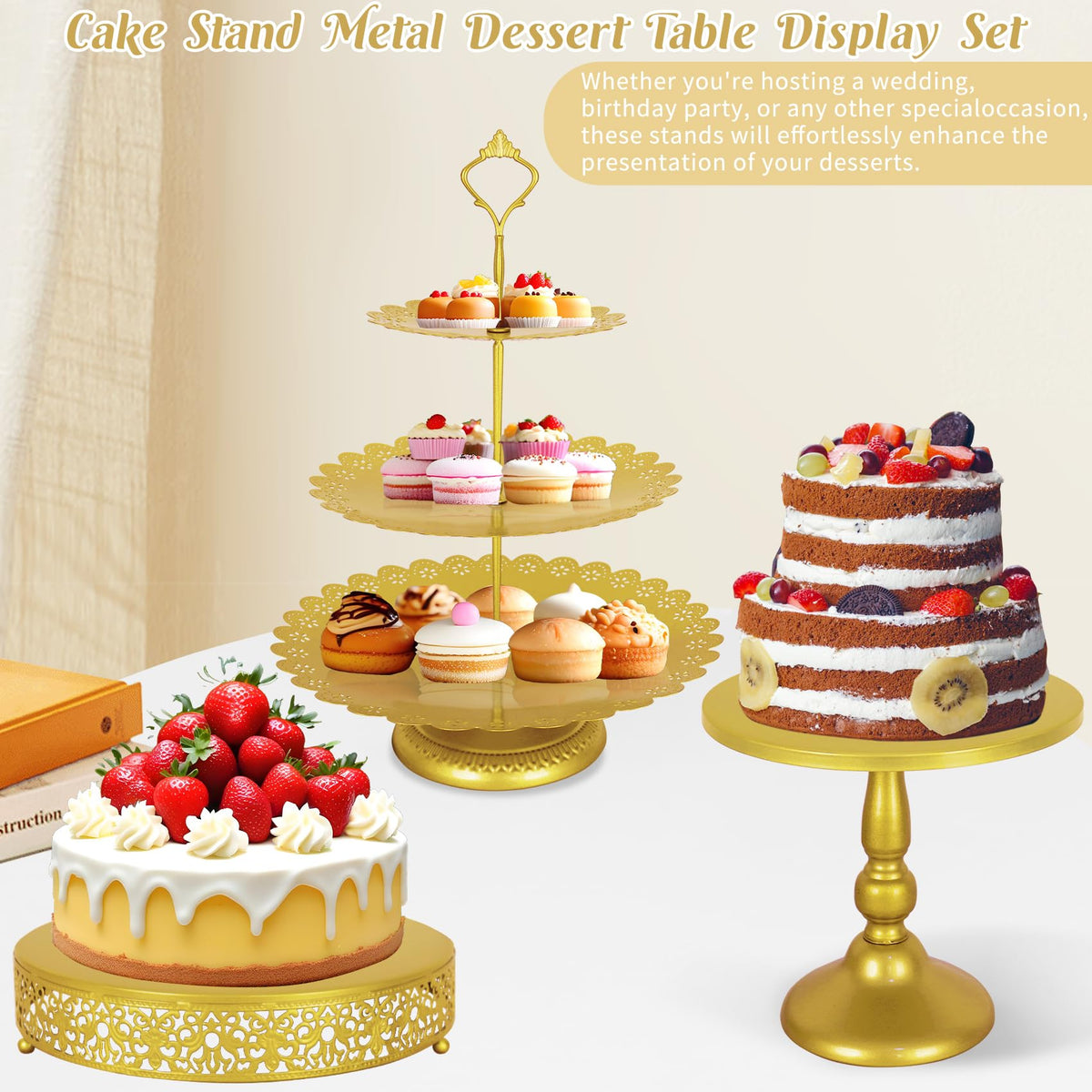 Fivenl 8 Pcs Cake Stand Gold Metal Dessert Table Display Set, 3-Tier Cupcake Stand, Cake Display
