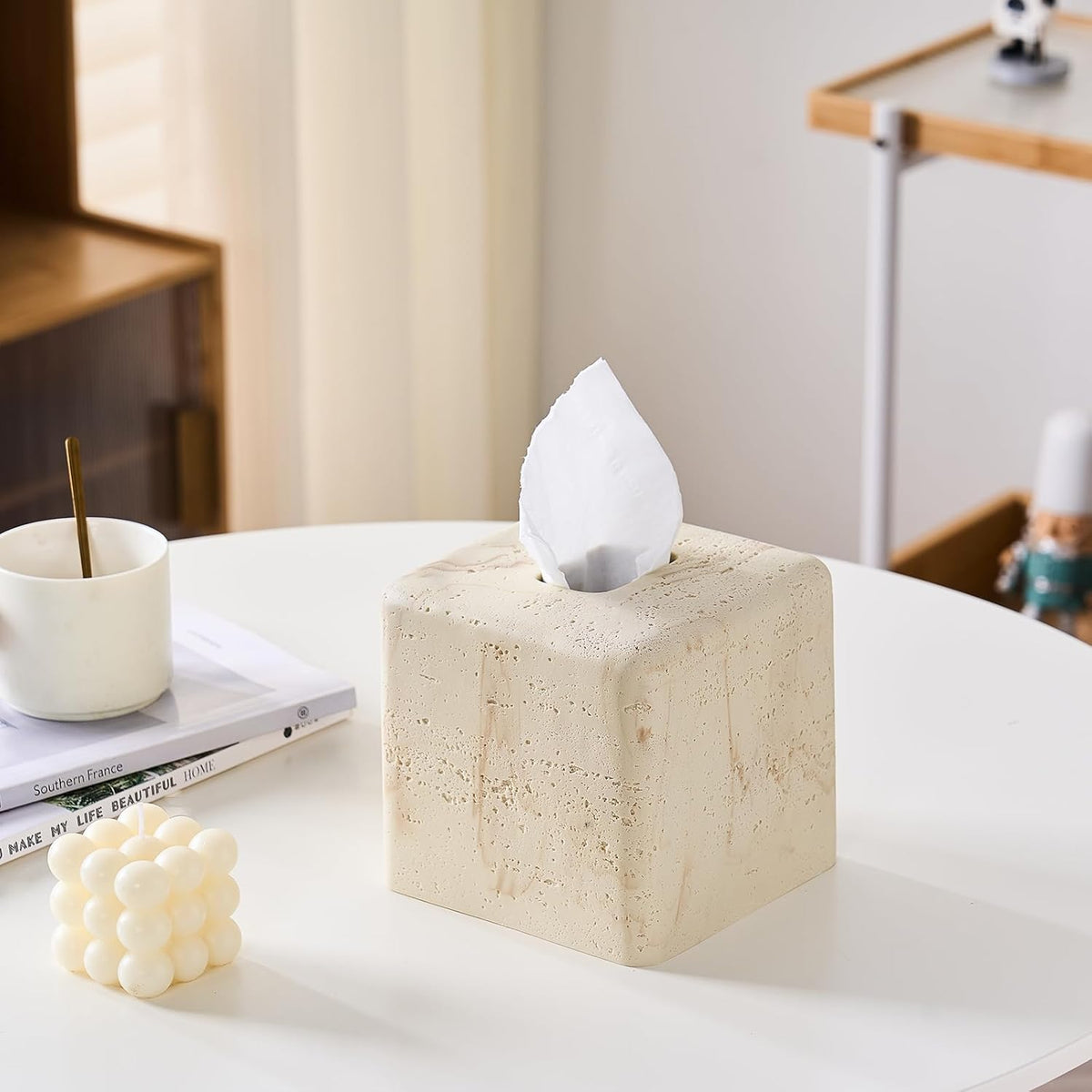 Natural Travertine Textures Tissue Box Cover Square for Home Decor,Resin Heavy Tissue Box Holder