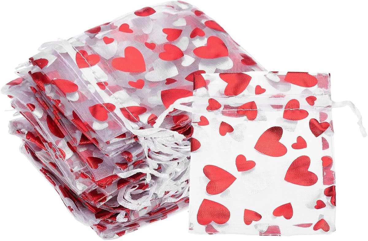 PATIKIL 50 Pcs 3x4 Inch Heart Printed Organza Bags, Red Sheer Heart Organza Bags with Drawstring