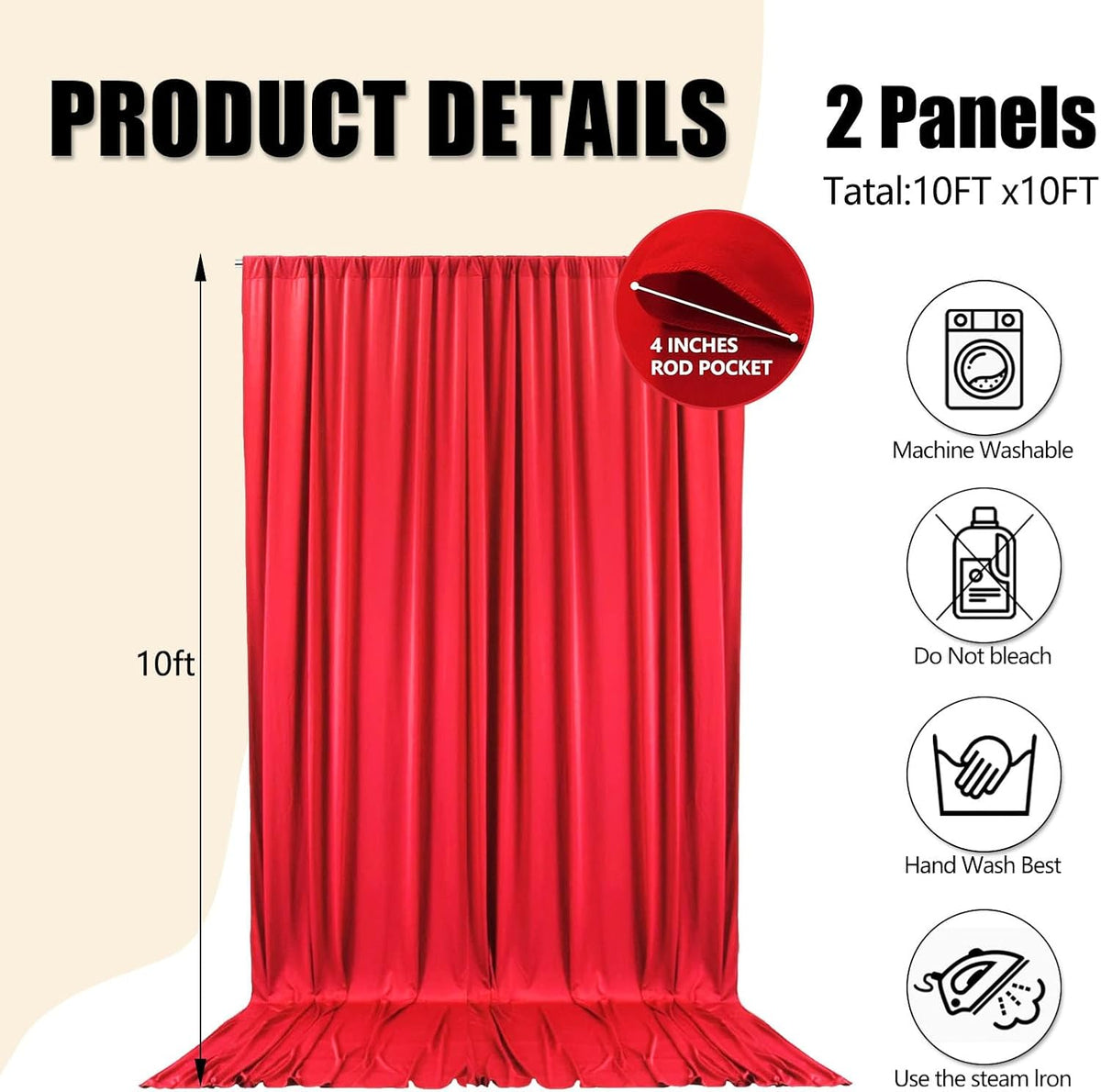 10ft x 10ft Red Backdrop Curtains for Parties, Fabric Satin Background Curtain with Rod Pockets for