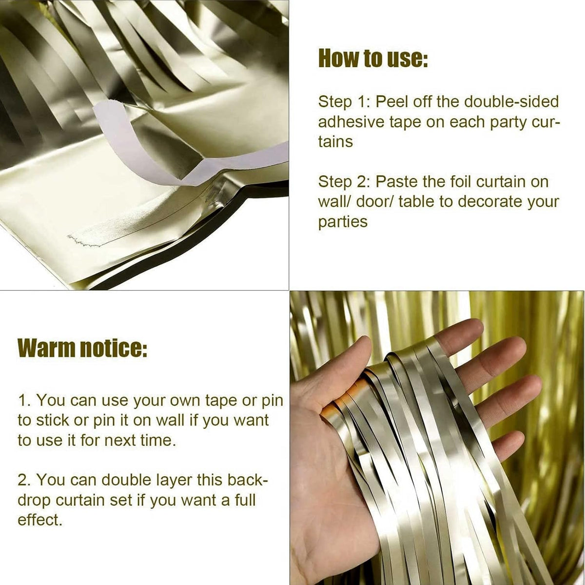 4 Pack Light Gold Foil Fringe Curtain Backdrop, 3.28Ft x 8.2Ft Metallic Tinsel Foil Fringe Streamer