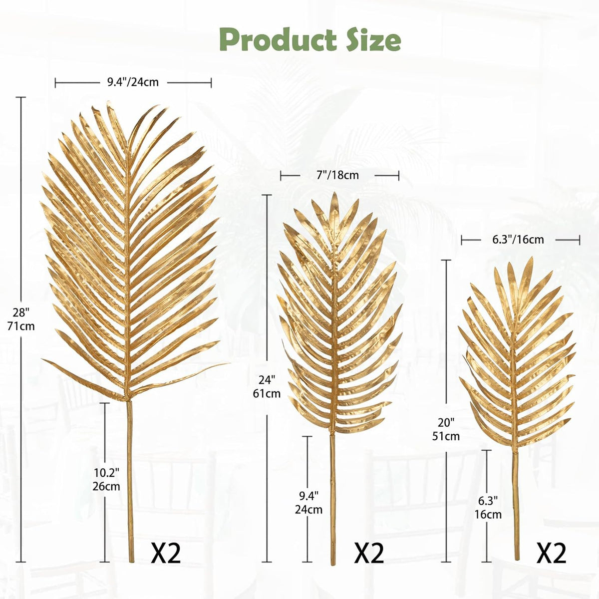 DILATATA Large Faux Gold Palm Leaves – Artificial Tropical Areca Palm Fronds for Floral