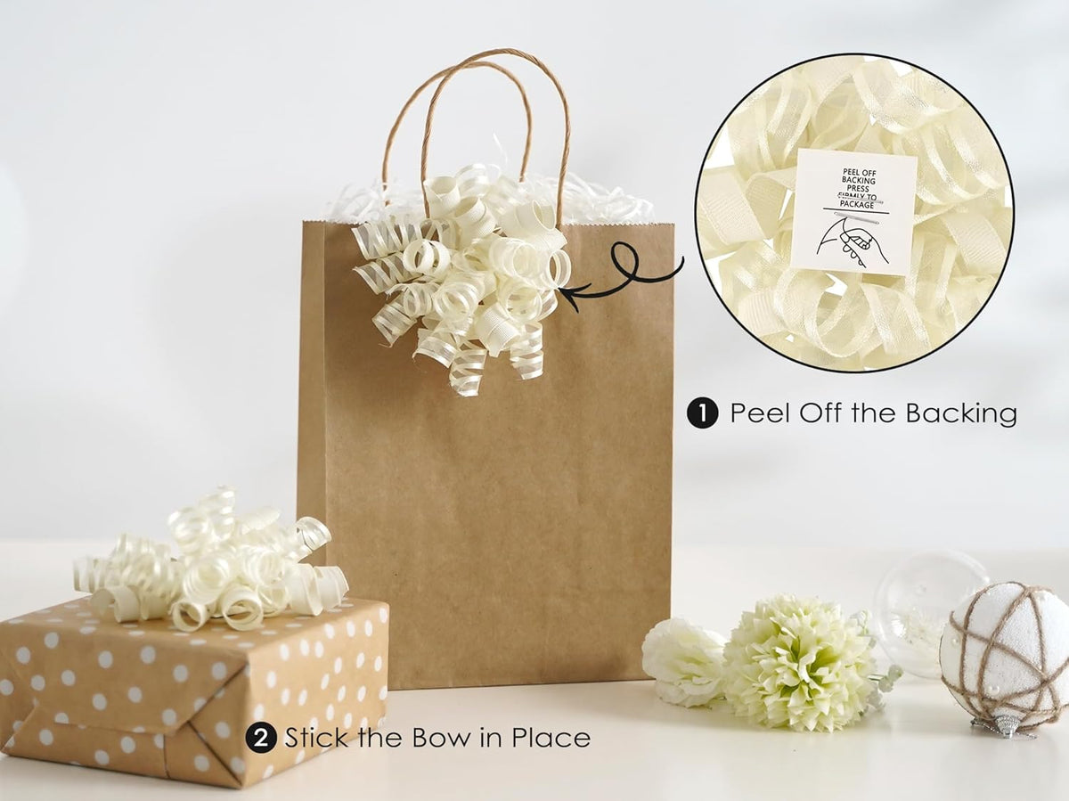 HUIHUANG Gift Wrapping Bows Gift Wrap Accessory Ivory Curly Ribbon Bow 5 inch x 8 Counts Stick On