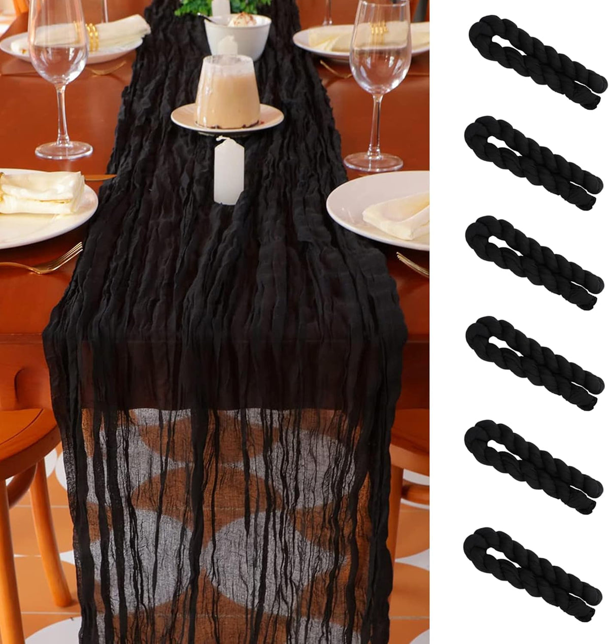Snowkingdom 6PCS 13 Ft Black Cheesecloth Table Runner, 160 inch Long Cheese Cloth Boho Gauze