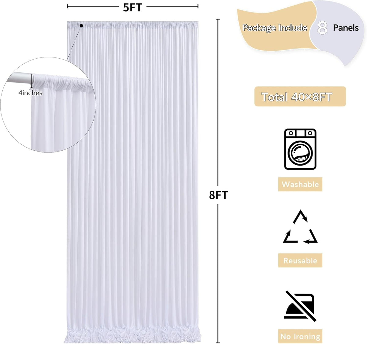 40 ft x 8 ft White Backdrop Curtain Drapes for Wedding Parties, 8 Panels 5 ft x 8 ft Wrinkle Free