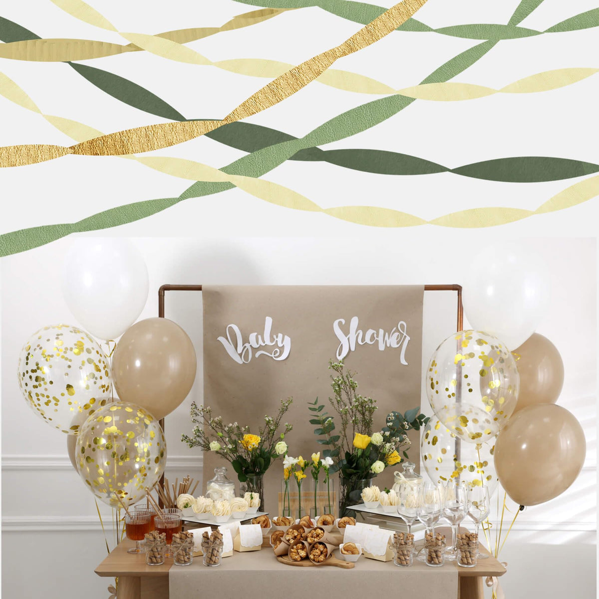 Kiwayo Birthday Baby Shower Decorations, Sage Green Gold Crepe Paper Streamers Party Decorations(5