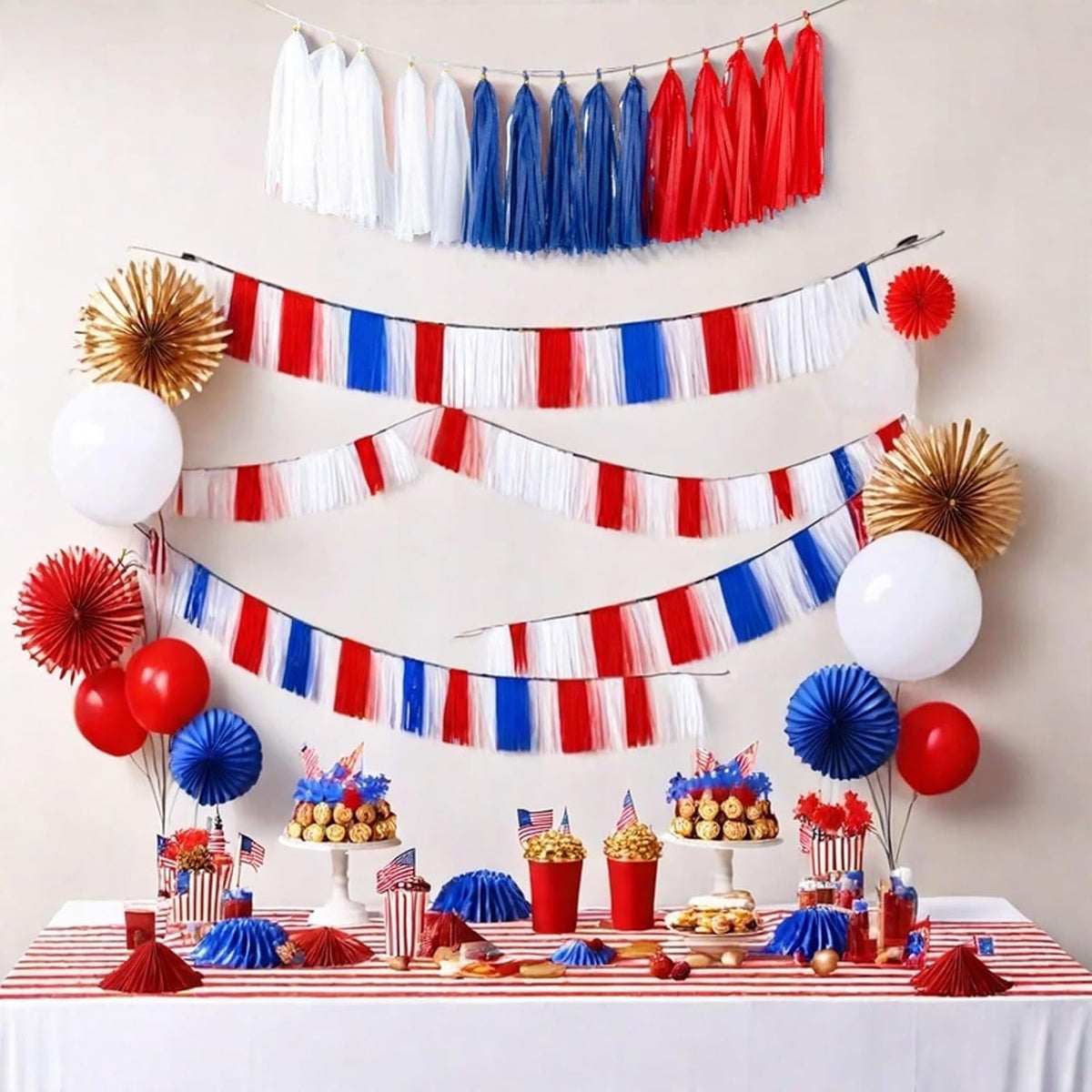 Aimto 15pcs Red Blue White Tassel Garland Banner Tissue Paper Tassels for 4th/Fourth of July
