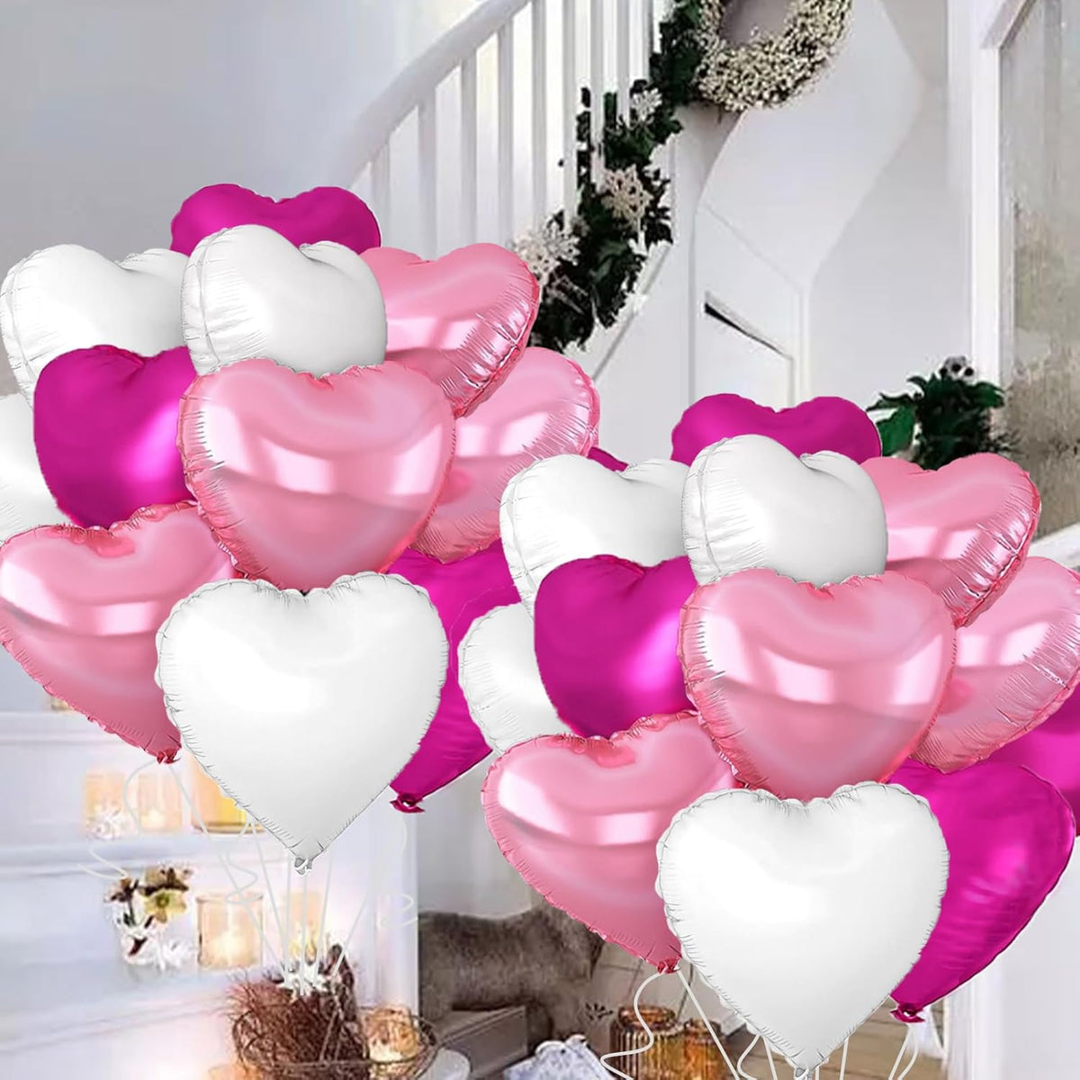 Rose Heart Balloons,18inch Bright Pink Heart Shaped Foil Balloons & White Helium Mylar Balloon for