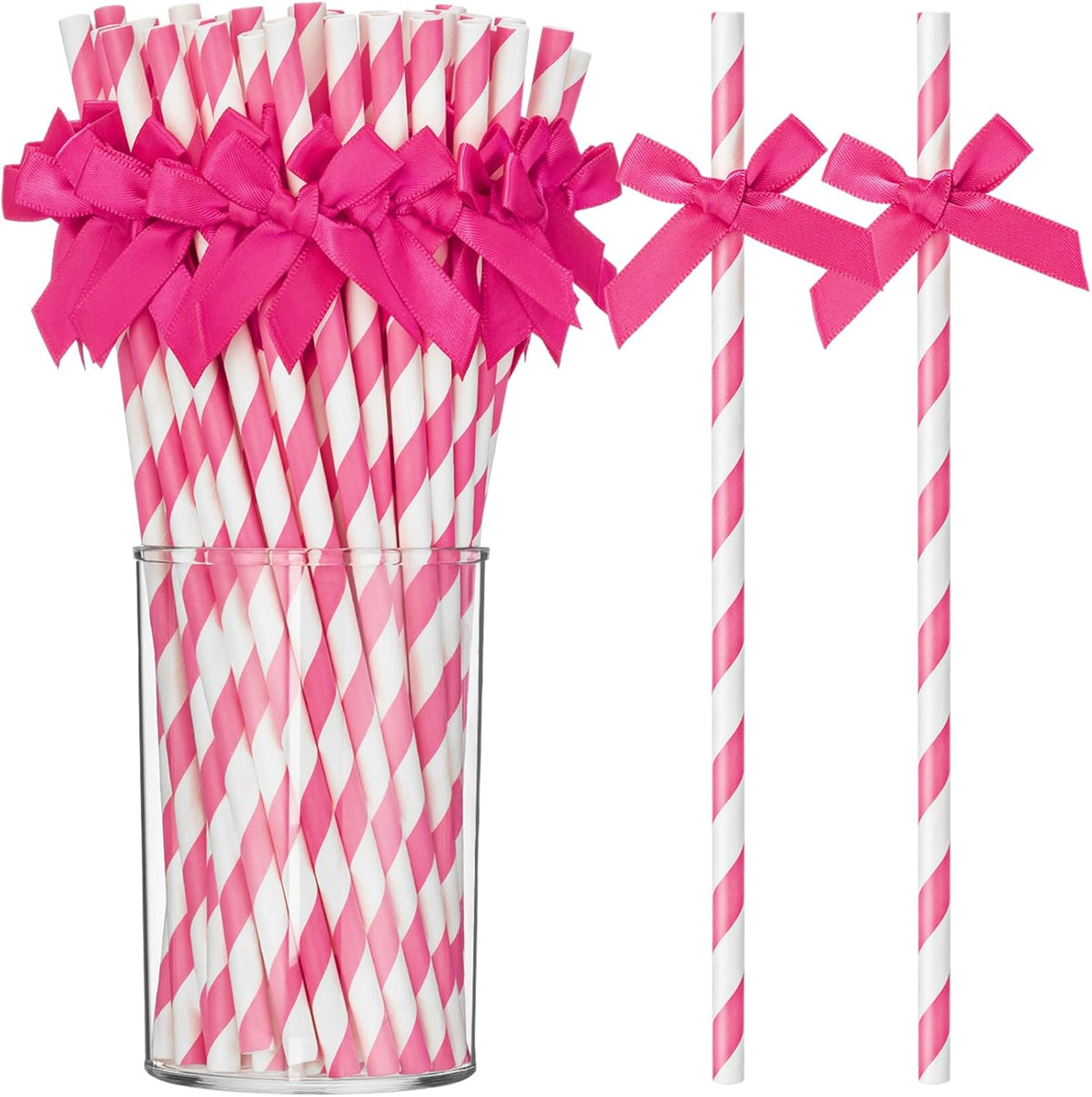 100 Pcs Rose Red Paper Straws for Drinking, Bow Disposable Striped Paper Straws Bulk Rose Red Theme