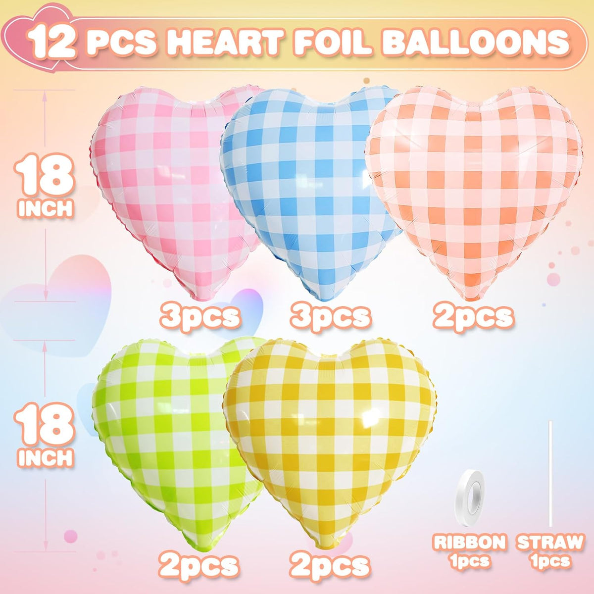 Colorful Checkered Heart Balloons,12Pcs 18Inch Rainbow Grid Heart Shaped Foil Helium Polyester Film