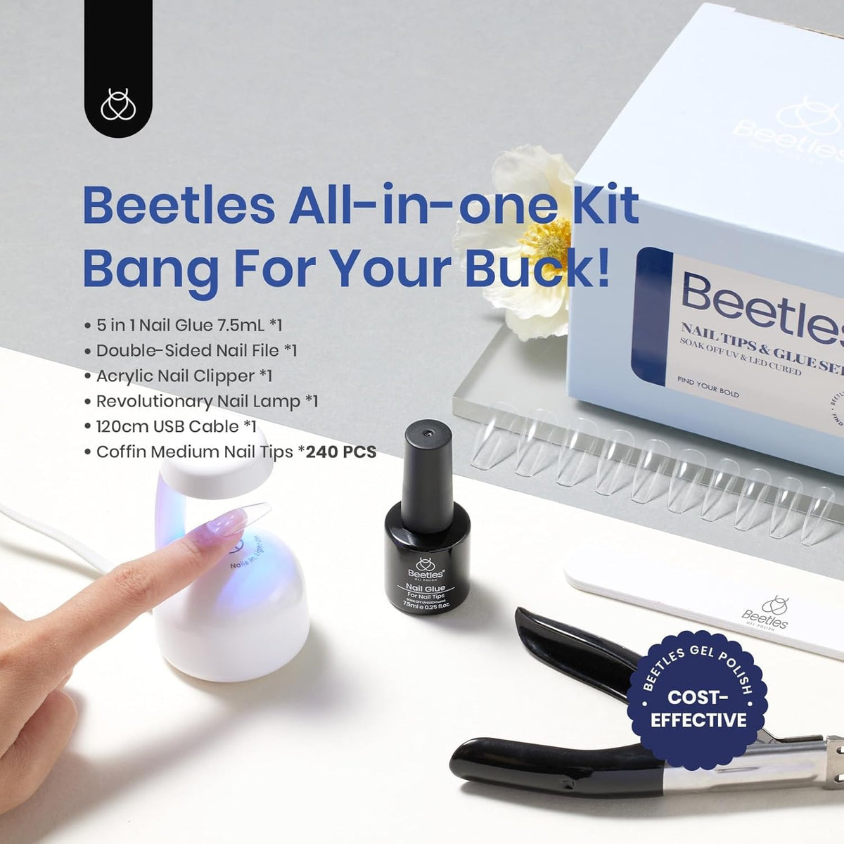 Beetles Soft Gel Nail Kit Medium Coffin Easy Nail Extension Set 5 In 1 Nail Glue Base Coat with Pre