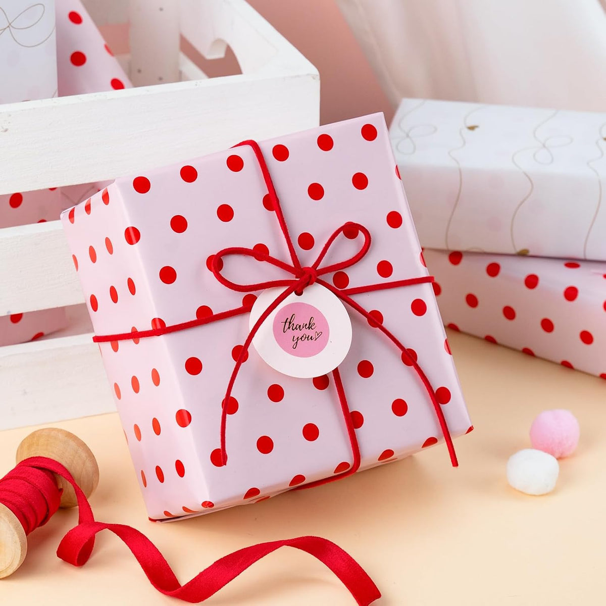 Flyhill Red Polka Dot Wrapping Paper,Reversible Pink Gold Elegant Bow & Heart Gift Wrap Suitable