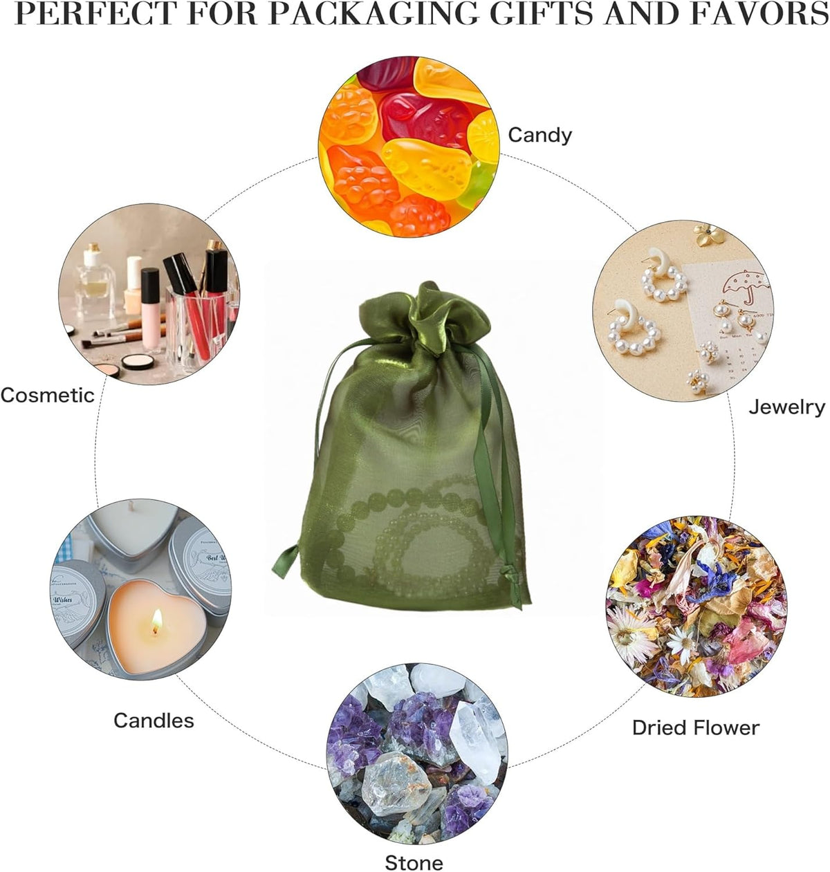 QIANF 20 Pcs Moss Green Small Organza Bags 4X6 inch for Wedding Favors with Drawstring, Mini Mesh