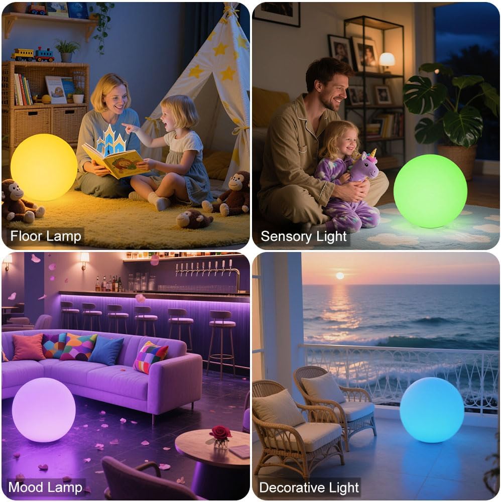 14-in LED Ball Light, Rechargeable Outdoor Globes Light Dimmable RGB Color Changing Globe Floor