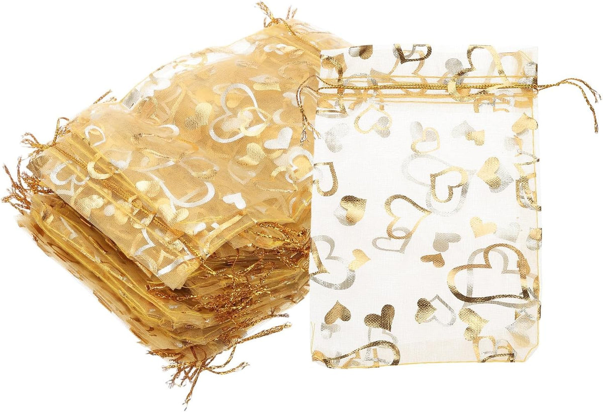 PATIKIL 100 Pcs 4x6 Inch Heart Printed Organza Bags, Gold Sheer Heart Organza Bags with Drawstring