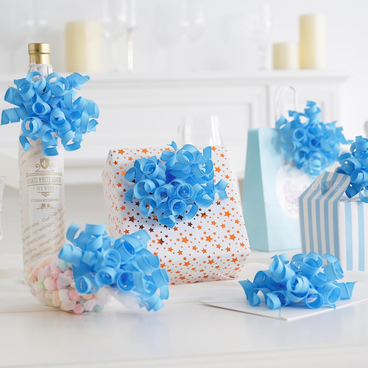 HUIHUANG Baby Blue Bows for Gift Wrapping, Blue Curly Ribbon Bows Self Adhesive Burst Gift Bows for