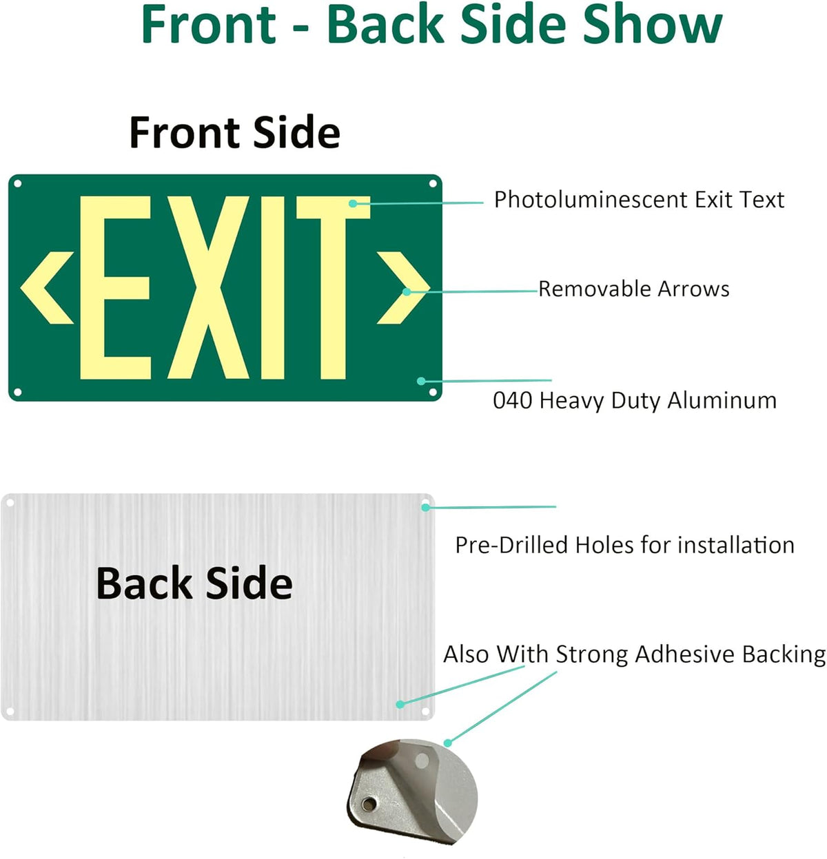 (2Pack) Photoluminescent Exit Sign, Glow In The Dark Aluminum Exit Sign Green - Adhesive Backing