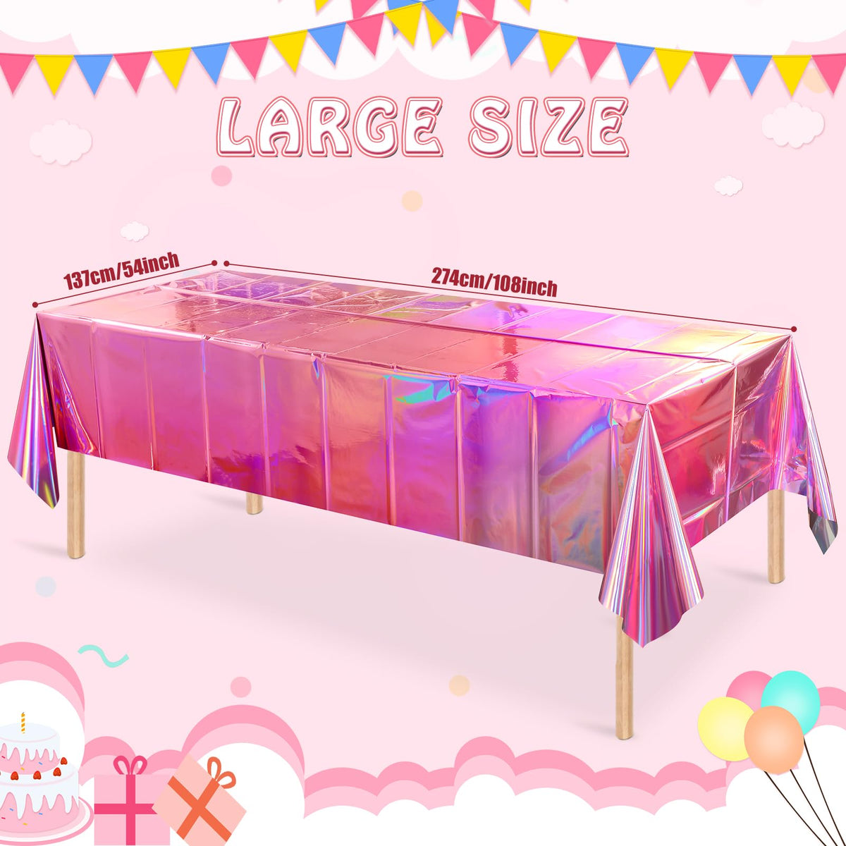 4 Pack Iridescent Pink Plastic Tablecloths, FunnyPars Shiny Disposable Laser Rectangle Table