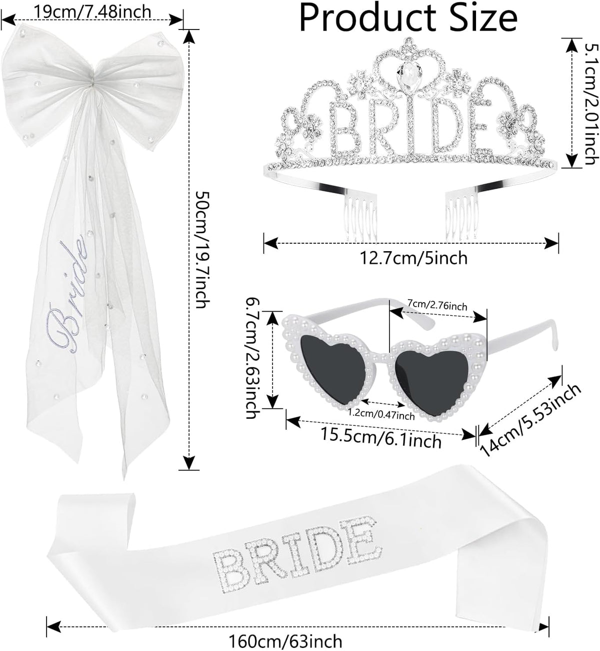 4 Pcs Bachelorette Party Decorations, BRIDE Crown,Pearl Bride Sash,White Bow Bride Veil,Bride