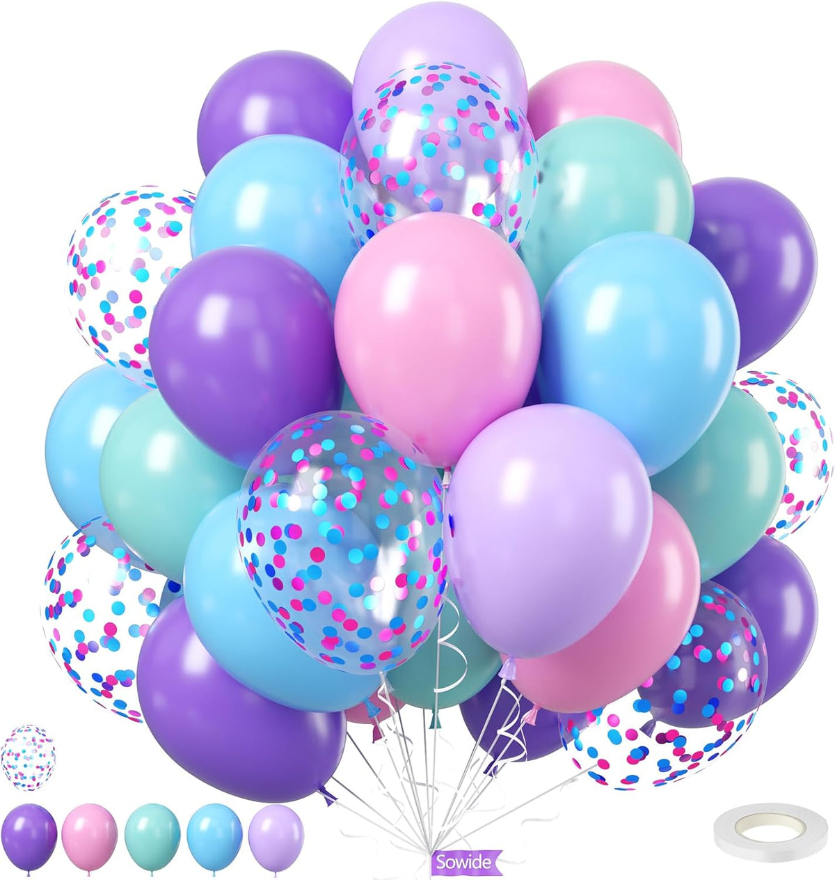 Mermaid Balloons, 50Pcs 12 Inchs Baby Pink Purple Blue Confetti Balloons for Girls Princess