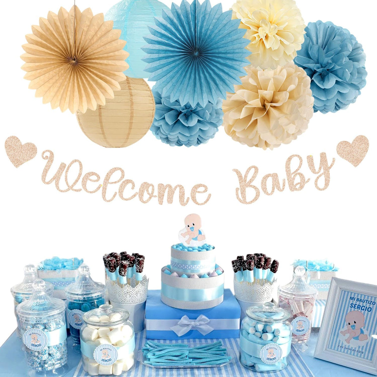 Light-Dusty Blue Beige-Champagne Baby-Shower Party-Decorations - 31pcs Welcome Home Banner Sign,Boy