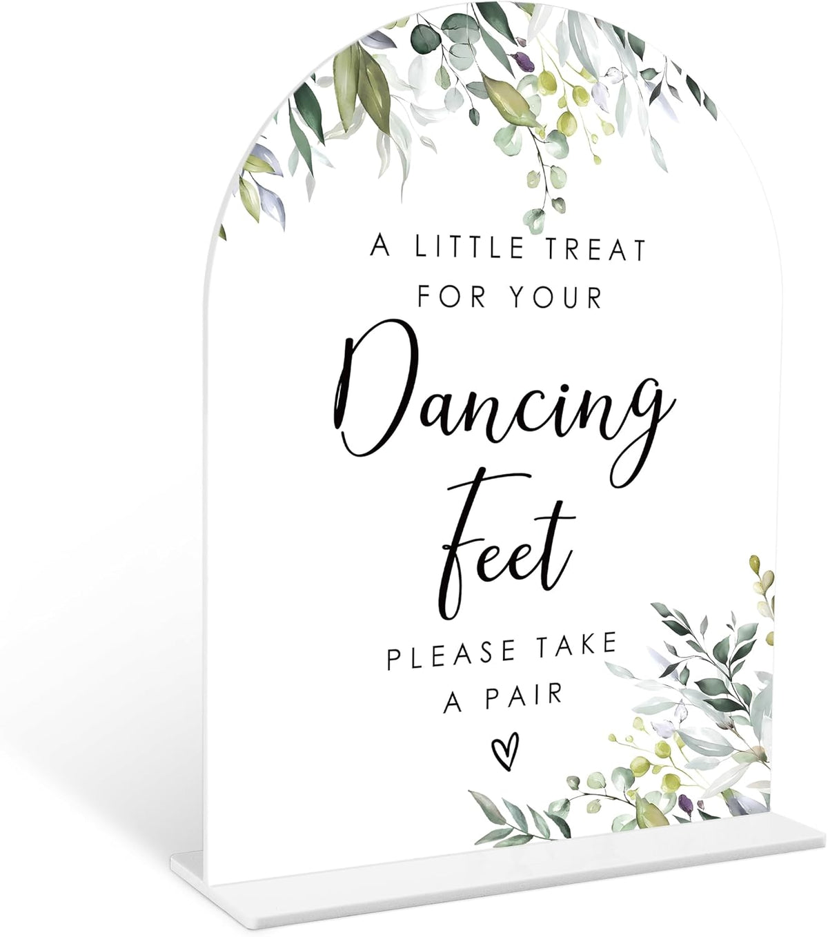 Greenery Dancing Feet Sign, 6 x 8 Inch White Arch Acrylic Wedding Sign with Holder, Wedding Sign