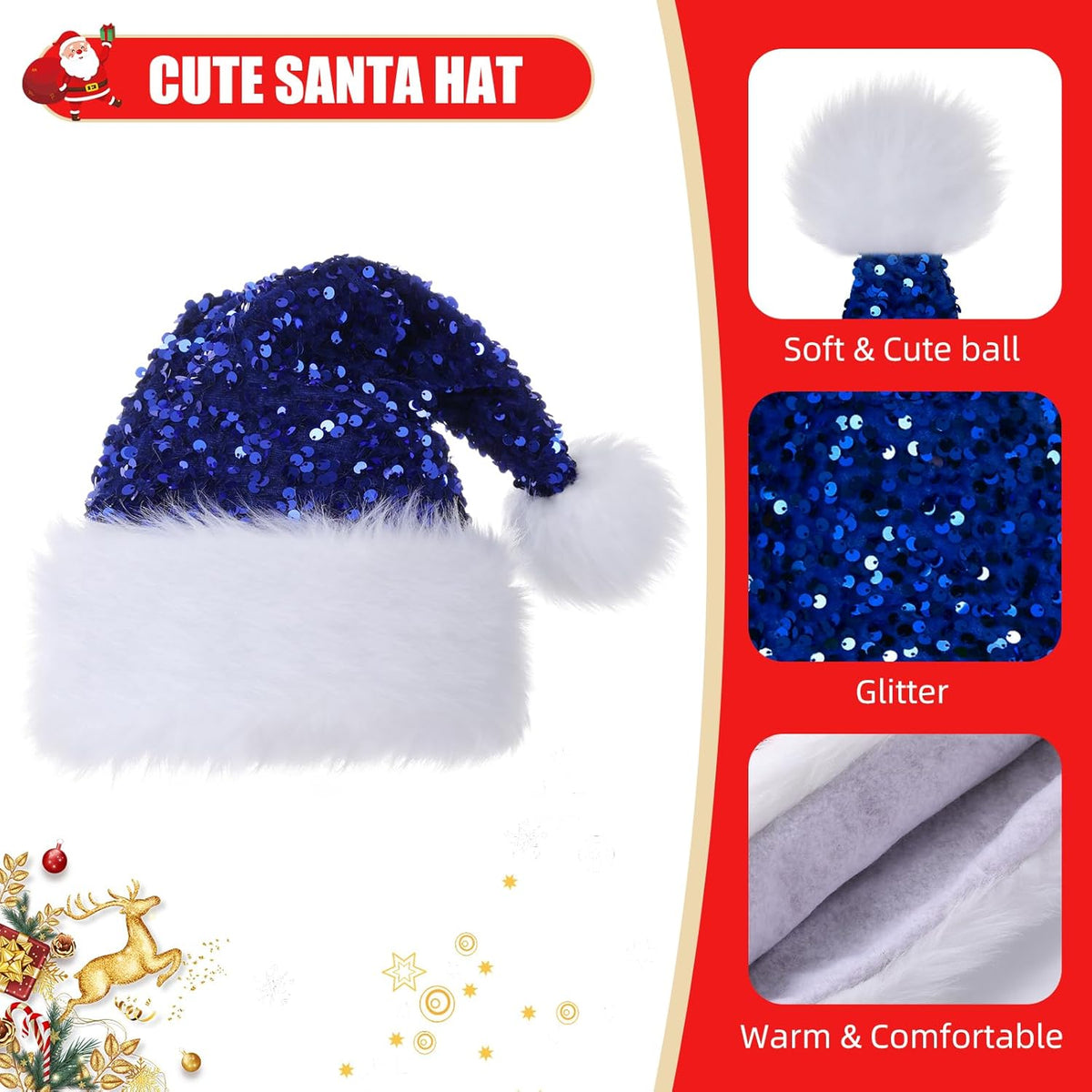 Personalized Sequin Santa Hat for Adults, Red Glitter Christmas Party Hat, Xmas Halloween New Year