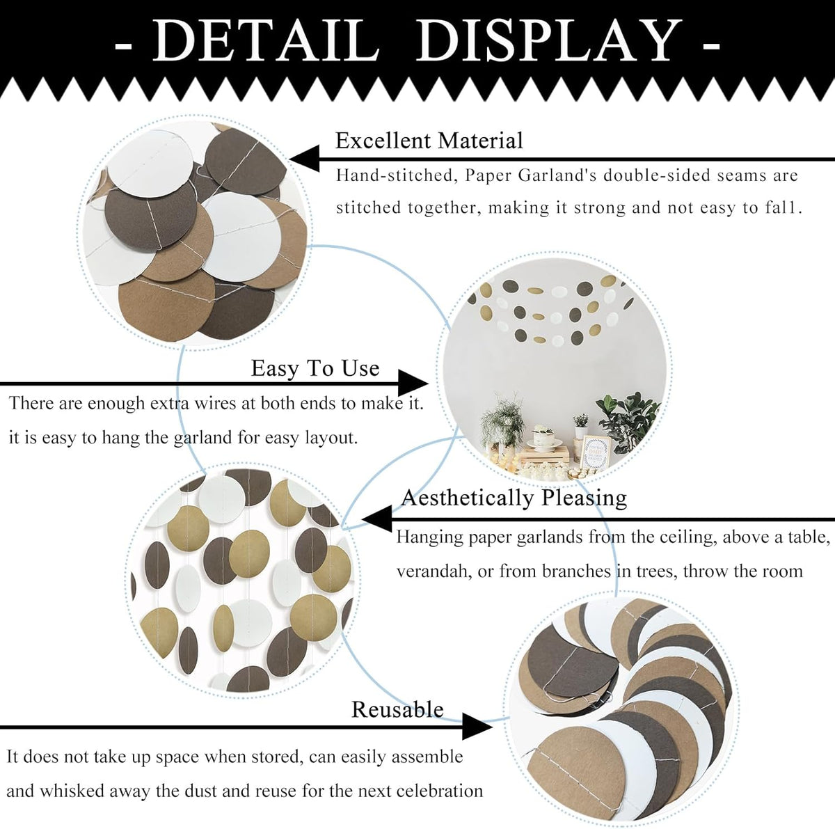 MerryNine Paper Garland 5 Pack, 50ft Glitter Paper Garland Circle Dots Hanging Decor, Banner for