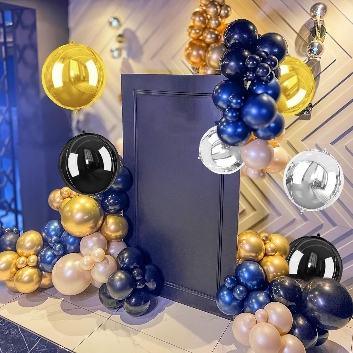 Giant 4D Foil Balloons, 6Pcs Large Metallic Black Gold Silver Round Balloons, 22 Inch Big Round