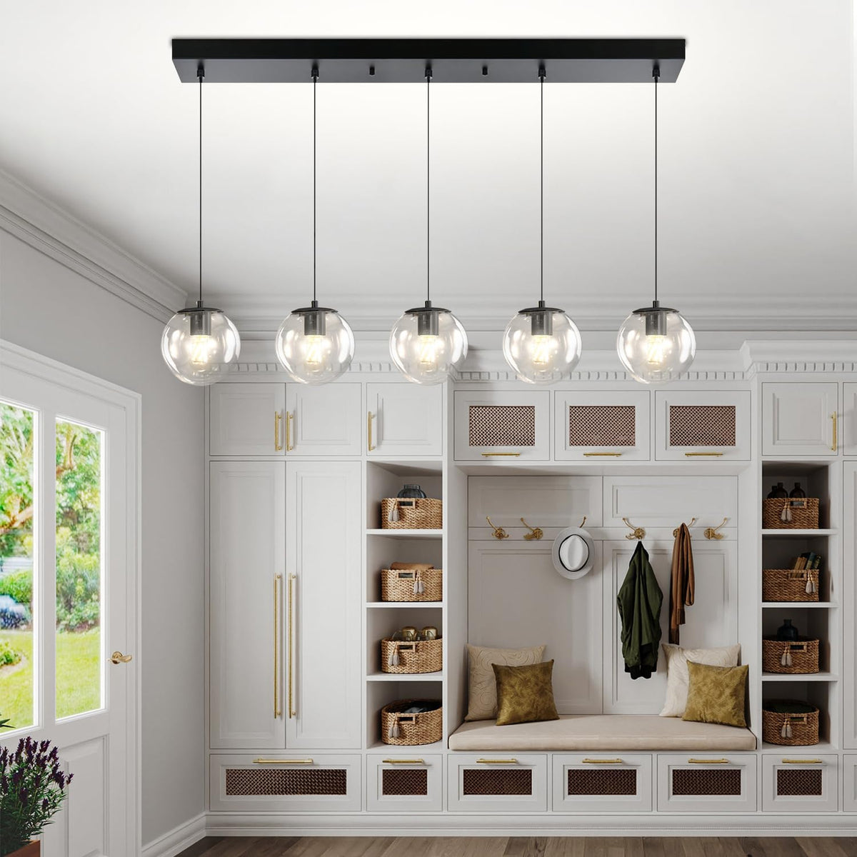 5-Lights Modern Rectangle Chandelier Globe Pendant Light,Black Linear Globe Chandeliers for Dining