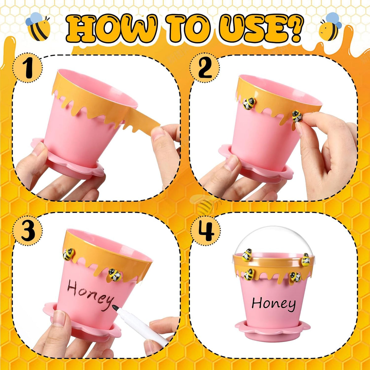 30 Sets Mini Honey Bee Pots with Lids, Spoon, Saucers and Bee Charms, 6.76 OZ Plastic Honey Jars