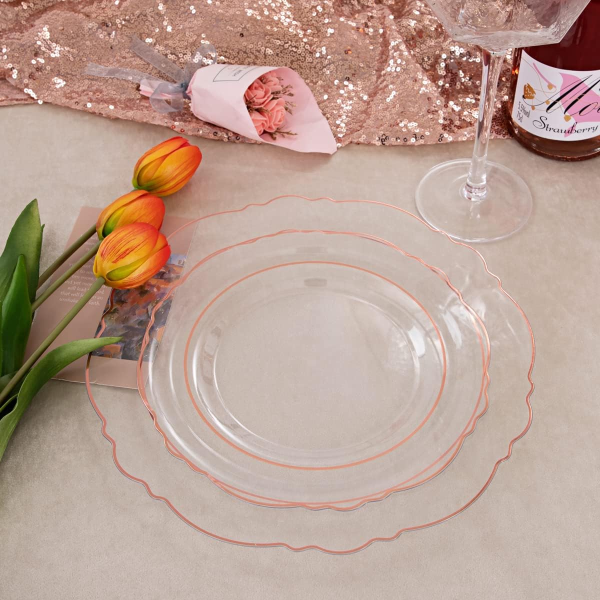 Liacere 150PCS Rose Gold Plastic Plates - Clear Rose Gold Disposable Plates with Glitter Bamboo