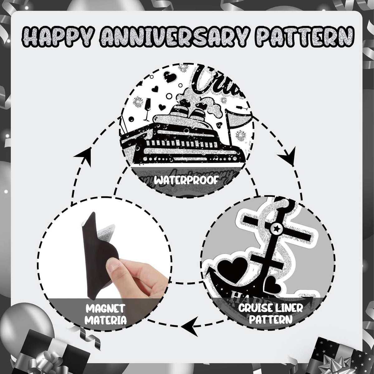 Happy Anniversary Cruise Door Magnets Decorations,Black Silver Happy Anniversary Cruise Ship Door