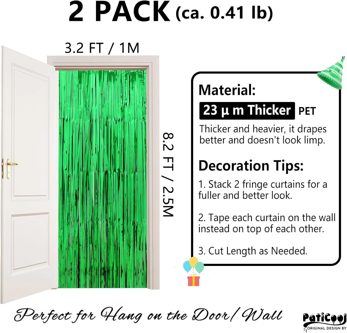 Green Streamers Party Decorations - Thicken 2 Pack 3.2 x 8.2 FT - Tinsel Foil Fringe Curtains Party