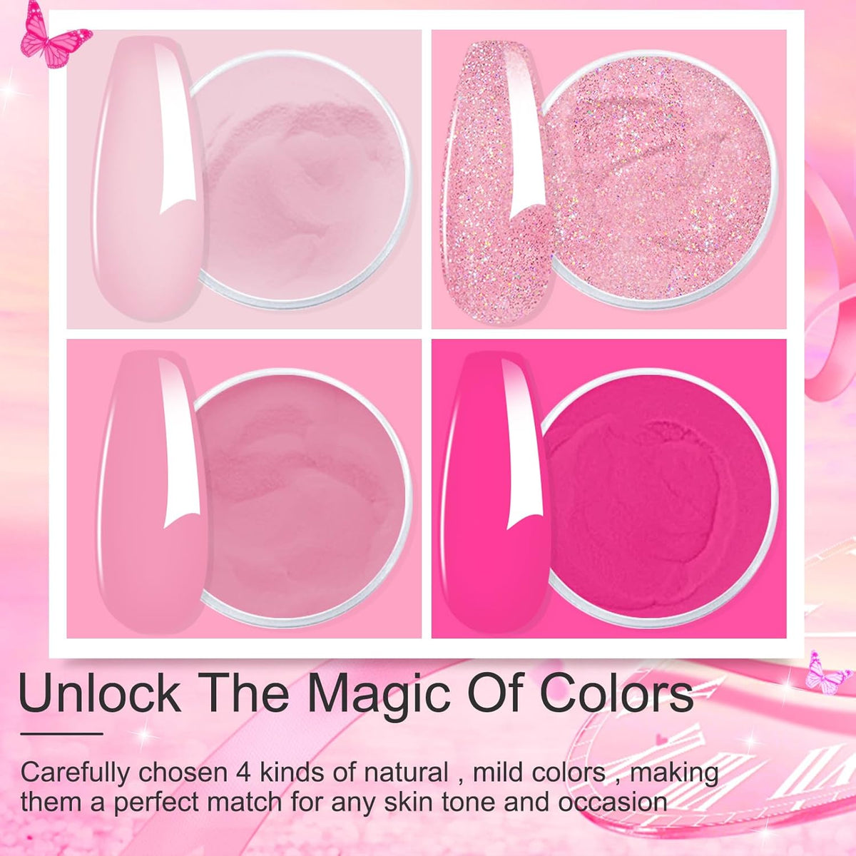 Honey Joy Dip Powder Nail Kit Starter, 4 Colors Hot Pink Glitter Fine Dipping Powder Liquid Set