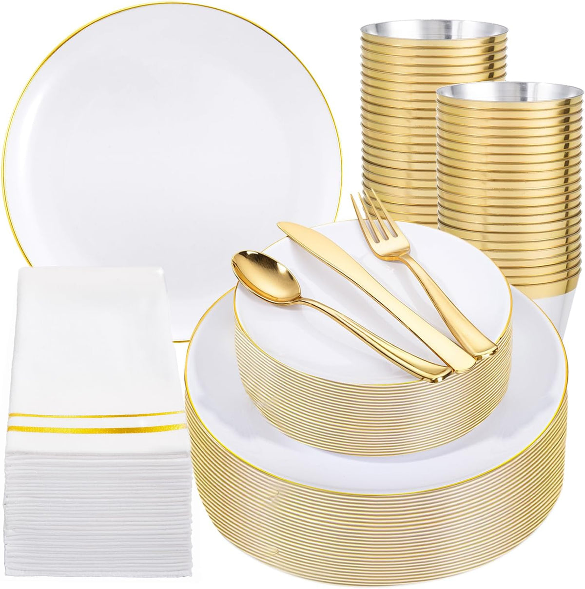 Festiva 350Pcs Gold Plastic Plates - White and Gold Dinnerware Set Disposable include 10" & 7"