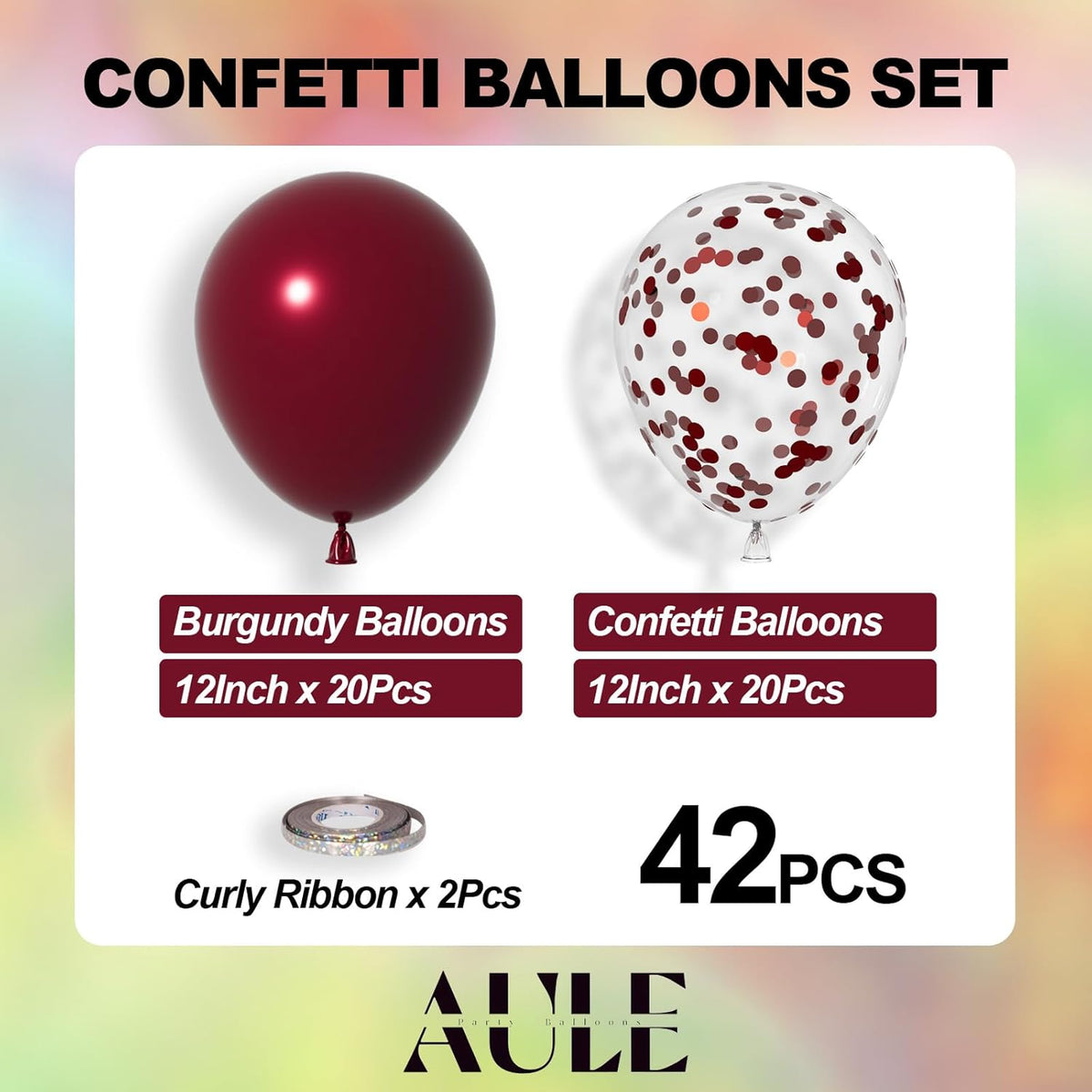 AULE Party Balloons Pack of 42 - Metallic Burgundy Balloons and Confetti Latex Helium Balloons With